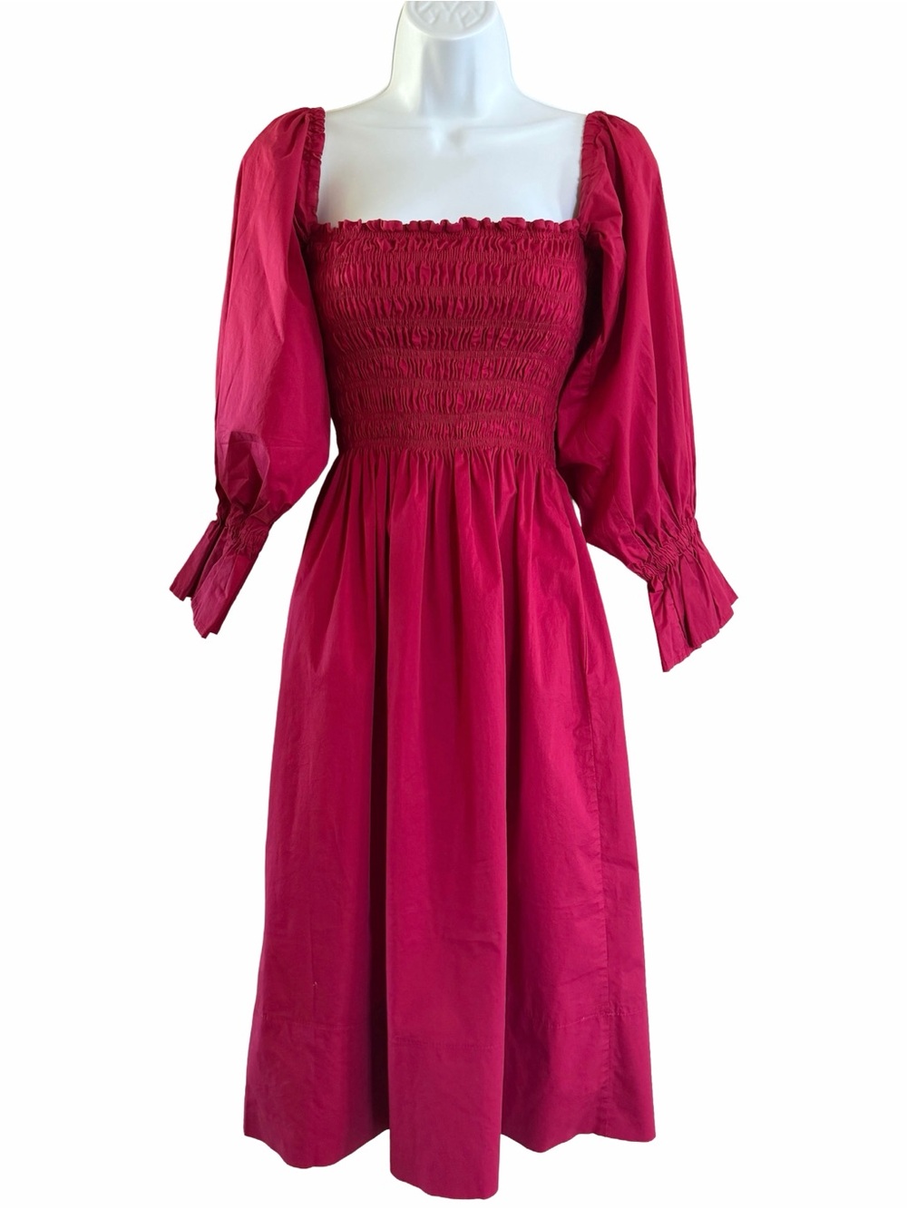 Monica Nera Berry Red Smocked Puff Sleeve Cotton Midi Dress M